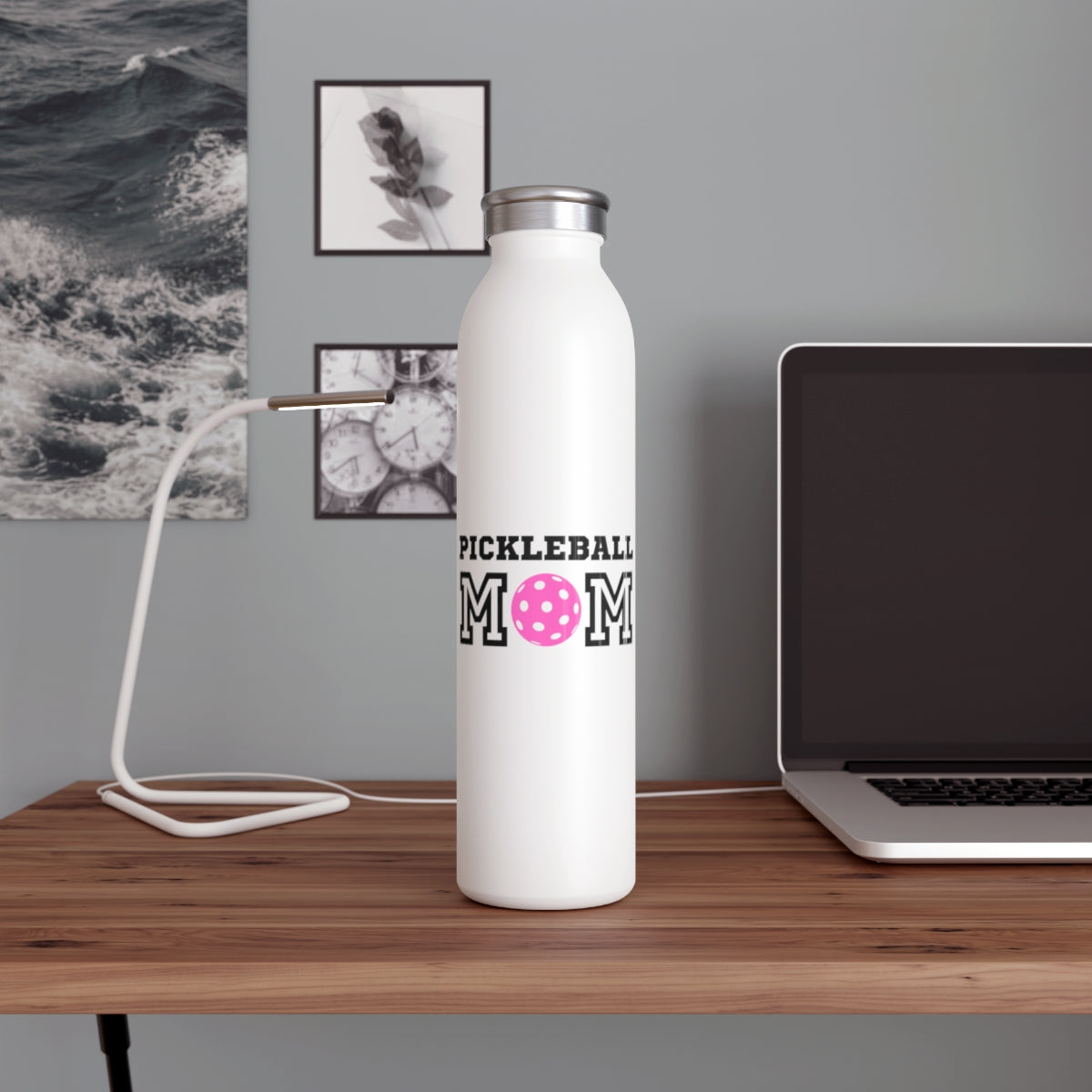 Pickleball Mom Pink Slim Water Bottle